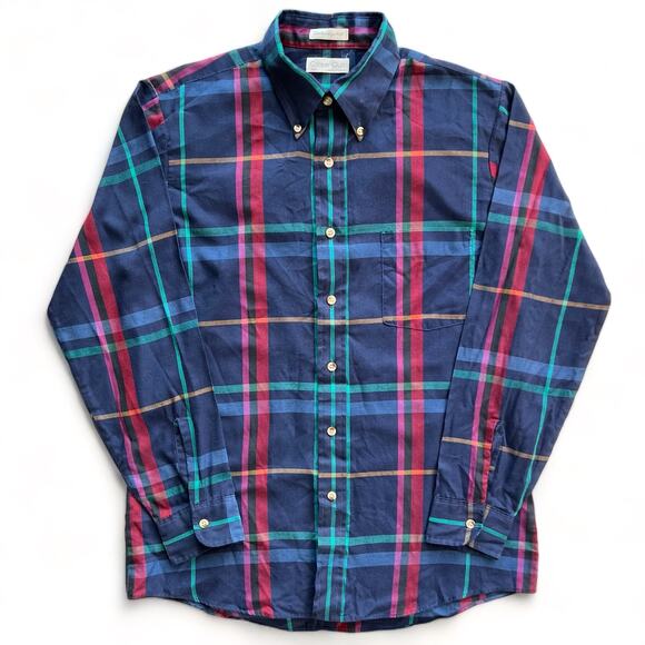 Vintage Other - Vintage 90s Career Club Navy Blue Plaid Button Down Shirt M USA Work Dress Up